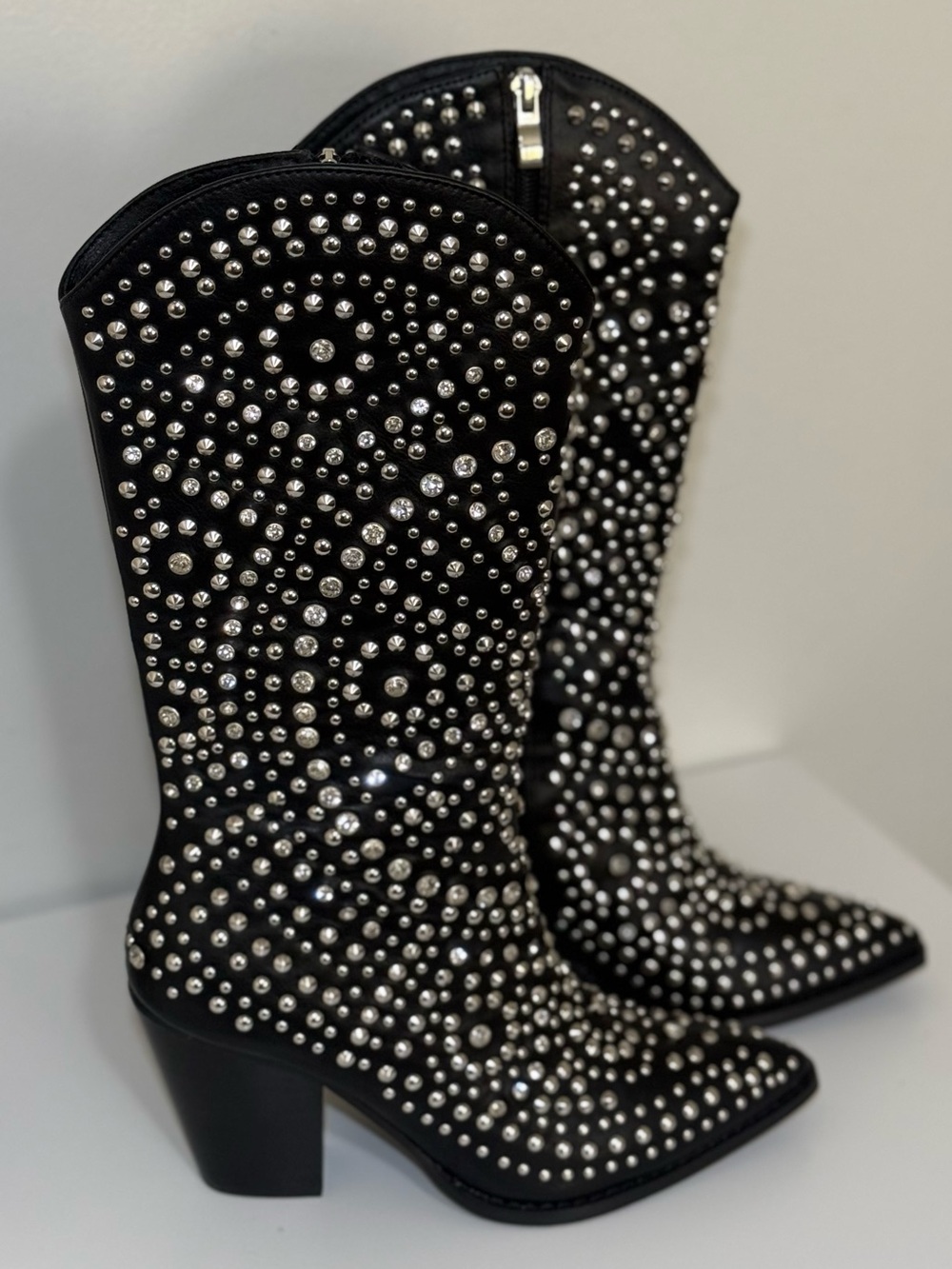 NWB ! Rhinestones Black Women's Mid-Calf Cowboy Boots Size 6.5 Beast Fashion